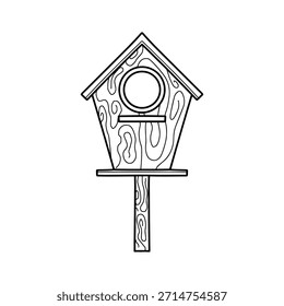 Ilustración de arte de línea de Vector de contorno de icono de pajarera simple. Doodle dibujado a mano de una casa de pájaros aislado sobre fondo blanco