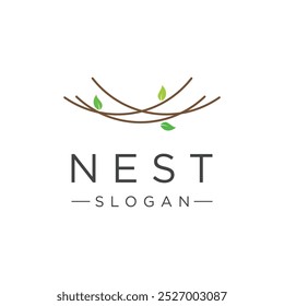 Simple bird's nest logo design with twigs and leaves.