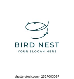 Simple bird's nest logo design with twigs and leaves.