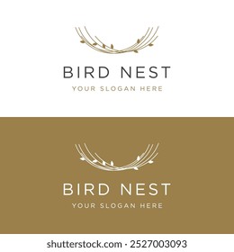 Simple bird's nest logo design with twigs and leaves.