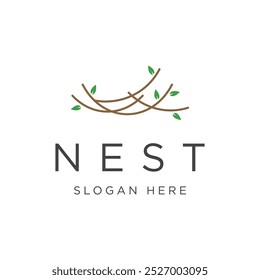 Simple bird's nest logo design with twigs and leaves.