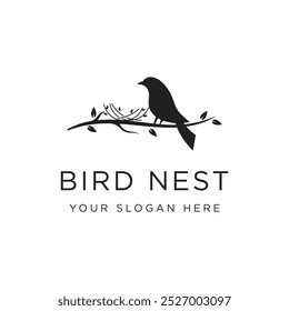 Simple bird's nest logo design with twigs and leaves.