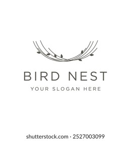 Simple bird's nest logo design with twigs and leaves.