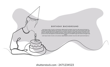 simple birthday background.line art drawing of man carrying birthday cake and birthday hat.line vector birthday celebration banner template