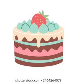 Simple torta de cumpleaños aislado en blanco. Diseño de dibujos animados plano para postales y pegatinas, invitación de fiesta de cumpleaños