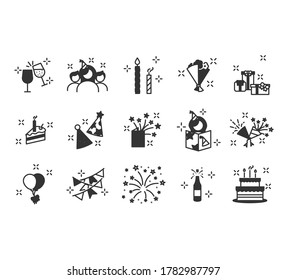 Simple birthday icons set. Celebration Icons and Party. Included the icons as celebration, anniversary, party, congratulation, cake, gift, decoration and more.