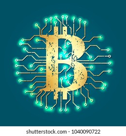 Simple Bitcoin crypto currency icon with blockchain, vector