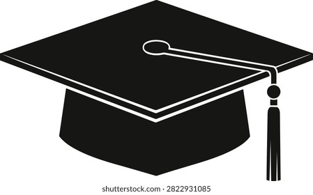 A simple, black academic graduation cap with a dangling tassel, symbolizing achievement and commencement.