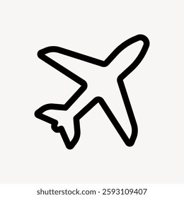 Simple black airplane icon on a white background. Airplane symbol represents travel, flight, and aviation. Minimalist airplane design for travel themes. User interface icon vector.