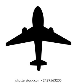 Una simple silueta de avión negro. Icono de vuelo comercial.