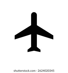 Simple black airplane silhouette icon on a white background, ideal for travel, aviation, airport signs, flight booking apps, and transportation-related design projects.