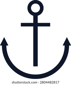 A simple black anchor icon featuring a top ring and curved flukes positioned centrally on a clear white background surface