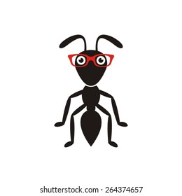 Simple black ant cartoon character with red glasses
