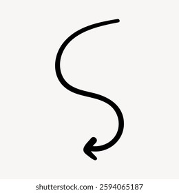 Simple black arrow in a curved, downward direction. The arrow is curved, pointing down. Minimalist black arrow design on a white background. Isolated vector illustration.