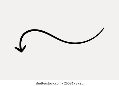 A simple black arrow curves gracefully on a white background. The arrow points downward, creating a sense of direction. Perfect for presentations or design projects. Design element vector.