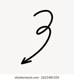A simple black arrow, curving elegantly with a loop, points downward. The arrow design is minimalist, with a loop and a clear downward direction. Doodle arrow vector.