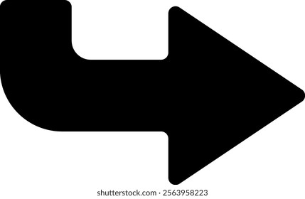 Simple black arrow curving and pointing to the right, serving as an isolated vector illustration on a clean white background, symbolizing direction and navigation