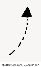 Simple black arrow with a dotted line, pointing upwards. The arrow is hand-drawn, with a thick black line. Minimalist design, upward direction. Isolated vector element.