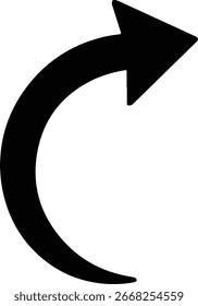 Un simple icono de flecha negra curvándose hacia arriba sobre un fondo blanco que representa acciones como rehacer, actualizar o devolver.