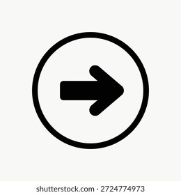 Ícone simples de seta preta dentro de um círculo. Design minimalista de seta para navegação. Símbolo de seta em um círculo, perfeito para direção ou orientação. Seta limpa gráfica.