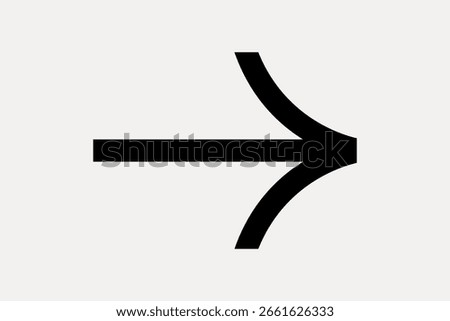 Simple black arrow icon on a white background. The arrow points right, indicating direction or movement. Clean and minimal design for navigation or guidance. Design element vector.