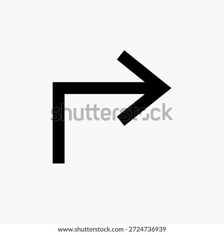 Simple black arrow icon on white background. Arrow pointing right, sharp and clear. Minimalist arrow design for navigation, direction, or interface use. Arrow element vector.