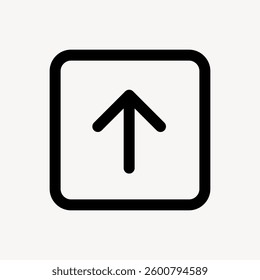 Simple black arrow icon pointing up. Minimalist design with a square border. Upward arrow symbol for navigation or direction. Clean and modern style. User interface icon vector.
