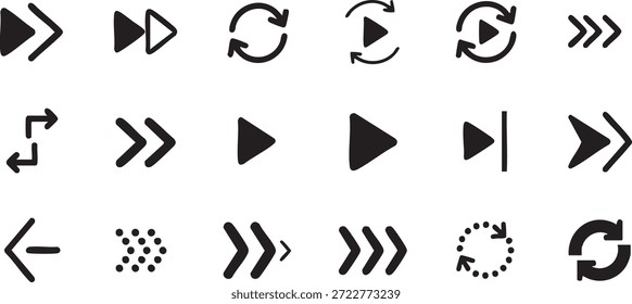 Einfache schwarze Pfeilsymbole und Multimedia-Wiedergabesteuersymbole