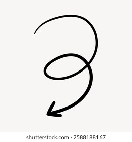 Simple black arrow with a loop, drawn on a white background. The arrow curves gracefully, creating a loop. Minimalist design with a looping arrow. Isolated vector element.