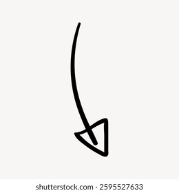 Simple black arrow on white background. Curved arrow pointing down. Minimalist arrow design. Hand-drawn arrow for direction or emphasis. Isolated vector illustration.