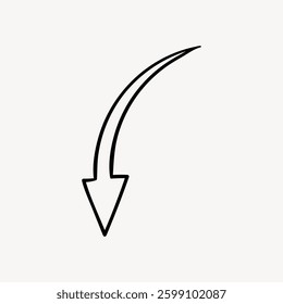 Simple black arrow on a white background. The arrow curves gracefully downward. Minimalist design. The arrow points downward. Simple and elegant arrow design. Doodle illustration vector.