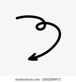 A simple black arrow on a white background. The arrow curves and loops, pointing downward. Minimalist arrow design for direction or navigation themes. Isolated vector illustration.