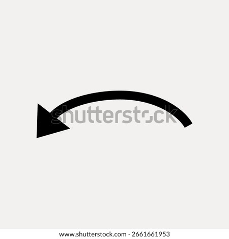 Simple black arrow on a white background. The arrow curves elegantly, pointing left. Minimalist design with a focus on the arrow's smooth curve and bold color. Design element vector.