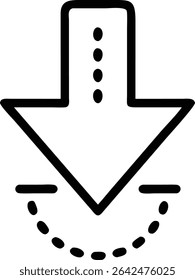A simple black arrow pointing downwards, featuring a dotted line below and four dots in the center, creating a clear and concise icon design symbol.