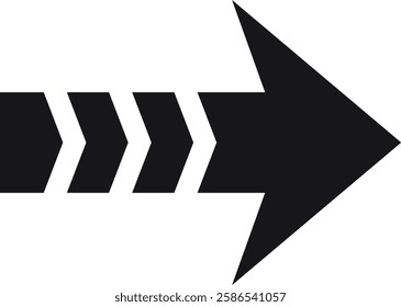 Simple black arrow pointing right with triple chevron tail on white background, ideal for indicating direction, movement, progress, or continuation