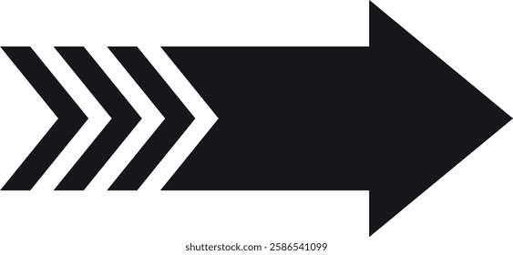 Simple black arrow pointing to the right with a triple chevron pattern on the left side, isolated vector illustration on white background, concept of direction, progress and movement