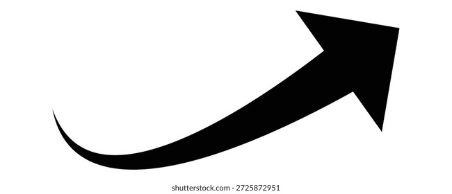 Una simple flecha negra que apunta al diseño curvo derecho.  Flecha apuntando hacia arriba y hacia la derecha sobre fondo blanco aislado para presentaciones de Diseño gráfico y negocios.