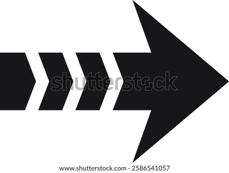 Simple black arrow pointing right with triple chevron tail on white background, ideal for indicating direction, movement, progress, or continuation