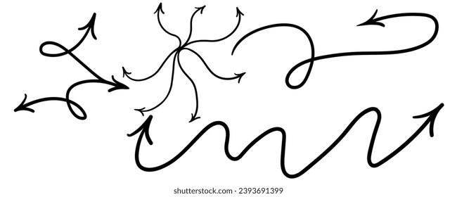 simple black arrow set in vector. pointer icon in doodle style. graphics for application sites for layout and printing of texts and images