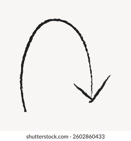 Simple black arrow sketch on white background. Curved arrow pointing down. Hand-drawn arrow design. Minimalist arrow illustration. Black art. Doodle illustration vector.