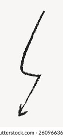 Simple black arrow sketch on white background. Hand-drawn arrow with rough edges. Minimalist arrow design pointing downward. Artistic arrow illustration. Doodle illustration vector.