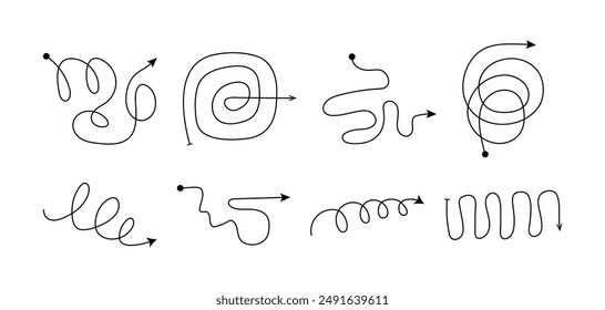 Simple black arrows with swirls and loops. Doodle scribble elements. Arrows to create stylish and trendy design or decor, direction indication. Decorative vector elements isolated on white background.