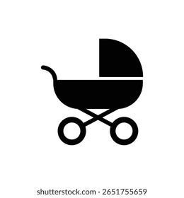 Simple black baby stroller icon on a white background. This minimalist design symbolizes parenting, childcare, or newborn-related services. Ideal for web, mobile apps, or printed materials.