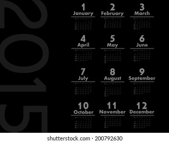 Simple black background paper calendar 2015. Original vector template conception of time managing. Illustration for printing on sleek material. Vertical year composition.