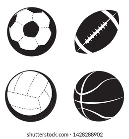 Simple black ball set: football, basketball, volleyball, baseball