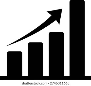A simple black bar graph with an upward trend and an arrow pointing upwards