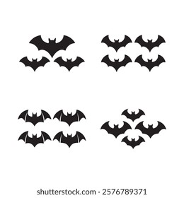 Simple Black Bat Icons for Graphic Design. A graphic design featuring multiple black bat silhouettes in various groupings.