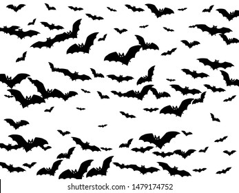 Simple black bats flock isolated on white vector Halloween background. Flying night creatures illustration. Silhouettes of flying bats vampire Halloween symbols on white.