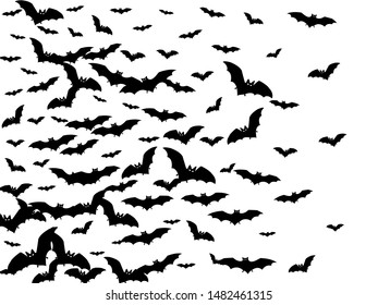 Simple black bats group isolated on white vector Halloween background. Rearmouse night creatures illustration. Silhouettes of flying bats vampire Halloween symbols on white.