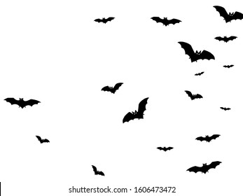 Simple black bats swarm isolated on white vector Halloween background. Rearmouse night creatures illustration. Silhouettes of flying bats traditional Halloween symbols on white.